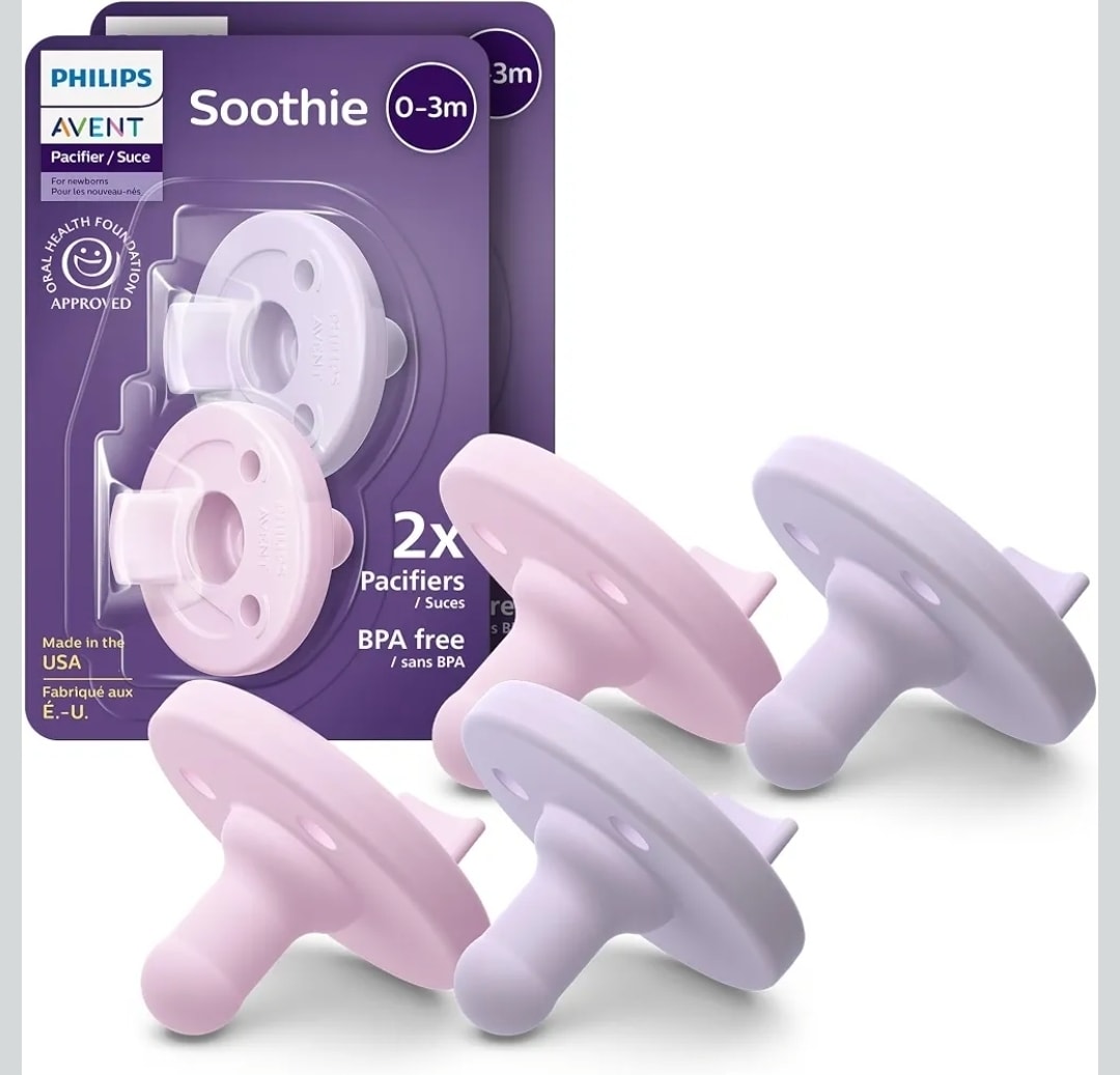 Philips Avent Soothie Baby Pacifiers - 100% Silicone Pacifiers for Babies 0-3 Months, One-piece Design, BPA-Free, Extra Durable, Lilac and Pink, 4 Pack, Model SCF190/70