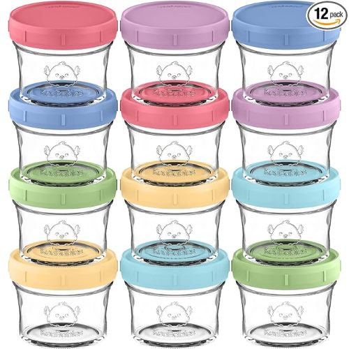 KeaBabies 12pk 4oz Glass Baby Food Containers with Lids - Leak-Proof, Microwavable Small Glass Jars, Baby Purees & Toddler Snack Storage Containers, BPA-Free, Dishwasher & Freezer Safe (Nord)