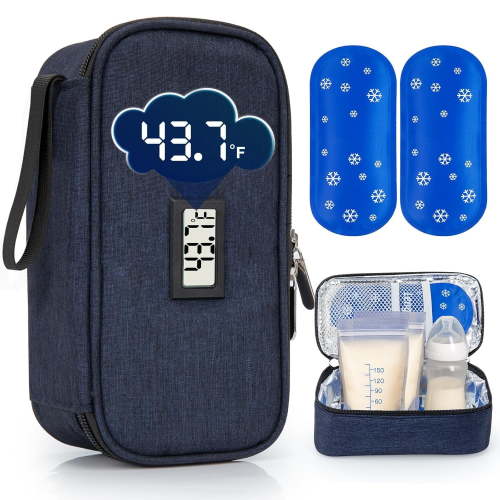 SUNMON Breast Milk Storage Bags with Real-Time Temperature Display, Portable Travel Milk Bags for Breastmilk, Includes 2 Reusable Ice packs, for Pumping Moms on The Go (Navy Blue)