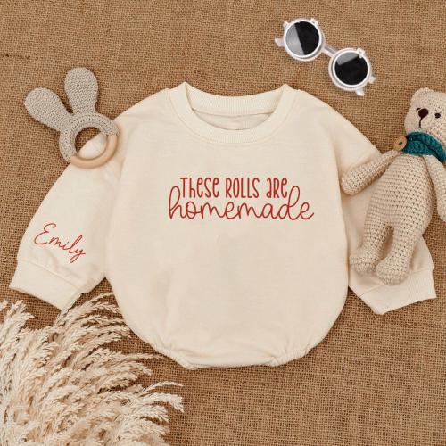 Personalized These Rolls Are Homemade Romper Sweatshirt, Custom Thanksgiving Baby Outfit, Holiday Newborn Bodysuit, Trendy Baby Shower Gift