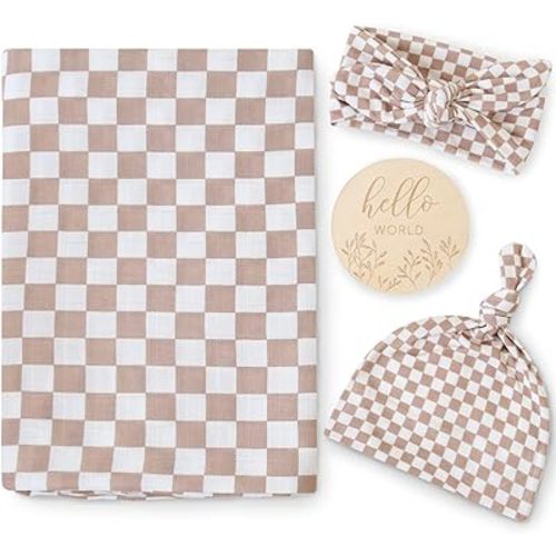 LifeTree Newborn Swaddle Set with Matching Hat and Headband Bow, Wooden Birth Announcement Card, Muslin Baby Swaddle Blankets for Boys & Girls, Coffee Checkerboard Pattern