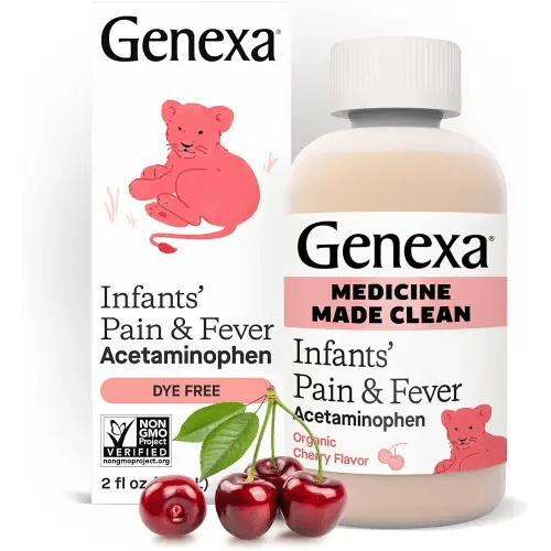 Genexa Infants’ Clean Pain & Fever Acetaminophen, Dye Free, 0% Artificial Additives, Delicious Organic Cherry Flavor, Liquid Oral Suspension Medicine for Baby, 160 mg per 5mL, 2 fl oz