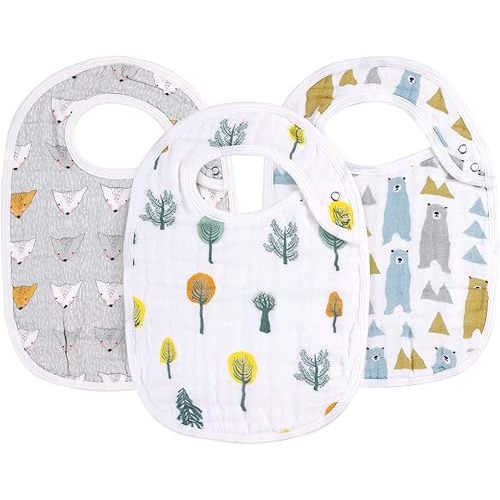 Snap Muslin Bibs for Boys & Girls, 3-Pack Baby Bibs for Infants, Newborns and Toddlers, 100% Cotton Muslin Absorbent & Soft Layers, Adjustable Snaps, “Bear,Hedgehog,Tree”