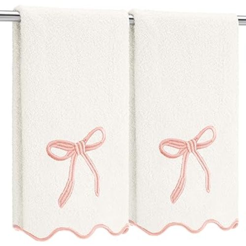 Fanfanwin 2 Pcs White Pink Bow Scalloped Hand Towels for Bathroom 26 x 13 Inch Soft Embroidery Cute Coquette Bath Towels Fingertip 100% Cotton Absorbent Boho Bath Decor for Kitchen Bathroom