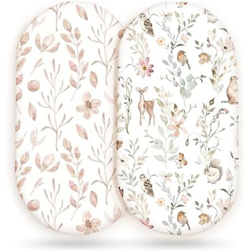 Stretchy Ultra Soft Fitted Bassinet Sheet Set 2 Pack, Universal Fit for Bassinets Baby Cradle Moses Basket Oval Rectangle Mattress Safe and Snug, Beautiful Blush Pink Floral and Cute Animals Print