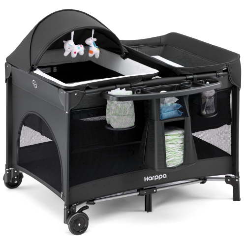 HARPPA 6-in-1 Baby Playard with Bassinet, Changing Table & Storage, Portable Travel Playard for Newborn,Black
