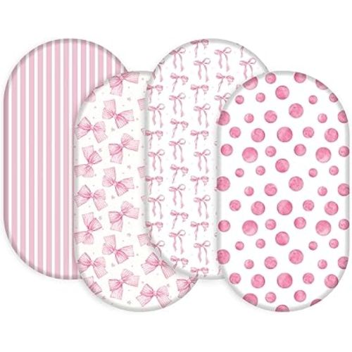 4 Pcs Pink Bow Bassinet Sheets 32'' x 16'' x 3.9'' Coquette Baby Bassinet Sheets for Standard Toddler Mattress Soft Breathable Sheets for Girls Baby Gifts (Pink Bow)