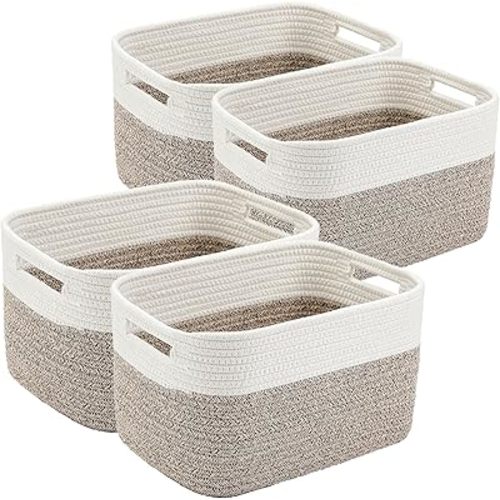 4 Pack Storage Baskets 12.7''Lx9''Wx7.8''H,for Organizing, Woven Baskets for Shelves - Perfect for Toys, Books, Towels, and Clothes, Durable Gift Basket Bins Toy Storage (Brown & White)
