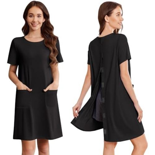 Deyeek Open Back Hospital Gowns for Women Tear Away Short Sleeve Post Surgery Soft Nightgowns for Elderly Women With Pocket