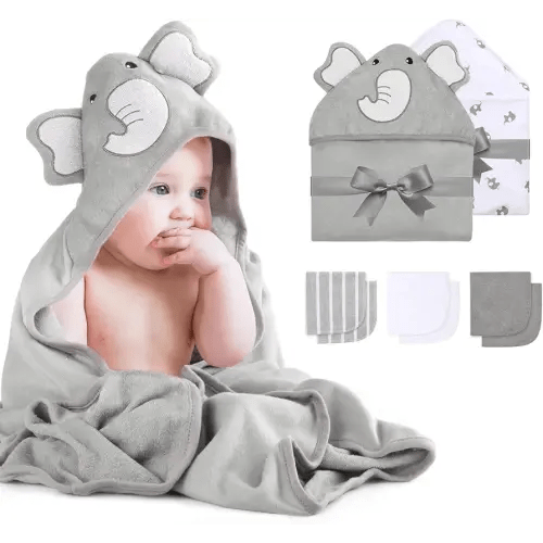 Momcozy Cute Elephant Hooded Baby Towel- 8 Piece Bath Essential, 2 x Towels and 6 x Wash Cloth Set- Perfect Shower Gift for Boys or Girls - Soft and Comfort for Newborn, Infant and Toddler