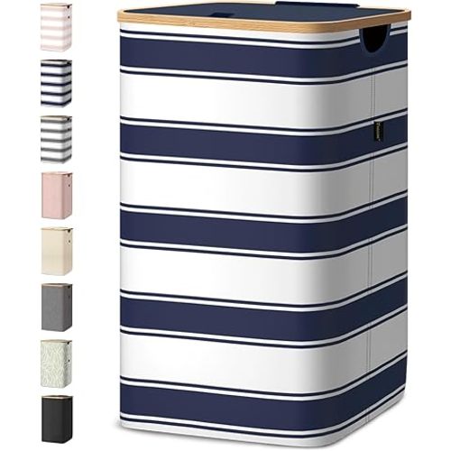 BALEINE Laundry Hamper with Lid, Tall Laundry Baskets with Bamboo Pull Handles, Large Laundry Bin with Internal Support (26 Gal/100L, Blue Stripe)