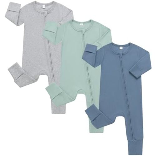 Bafeicao 3 Pack Baby Boy Girl Rompers with Mitten Cuffs, Ribbed Cotton 2 Way Zipper Romper One Piece Jumpsuits Clothes, grey+blue+green, 6-12M