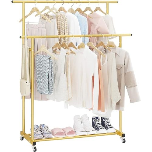 Calmootey Double Rod Clothing Garment Rack,Rolling Hanging Clothes Rack,Portable Clothes Organizer for Bedroom,Living Room,Clothing Store,Gold