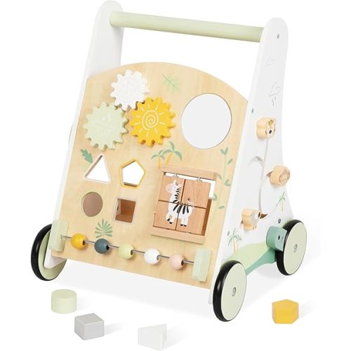 Wooden Baby Push Walker Adjustable Speed Montessori Walker with Activity Center for Boys, Girls and Toddler Toy for Ages 1-3