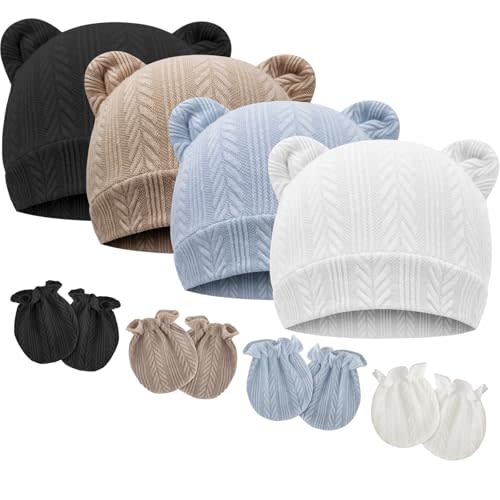 BQUBO Newborn Baby Hats Bear Ears and Mittens Sets Preemie Caps Baby Boy Girl Infant Hospital Beanie for 0-3 Months