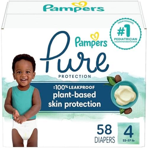 Pampers Baby Diapers - Pure Protection - Size 4, 58 Count, for up to 100% Leakproof, Premium Plant-based Skin Protection