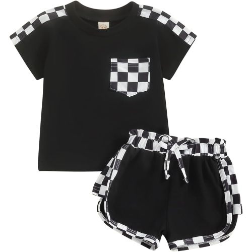 Infant Baby Boy Girl Clothes Spring Summer Outfits Checkerboard Pocket T-shirt Jogger Elastic Waist Shorts Set