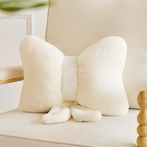 Bow Throw Pillow, Bow Decorative Pillows, Aesthetic Room Decor Bow Pillows, Cute Coquette Bow Shaped Plush Lumbar Pillow for Bed Couch Living (Ivory 12 Inch)