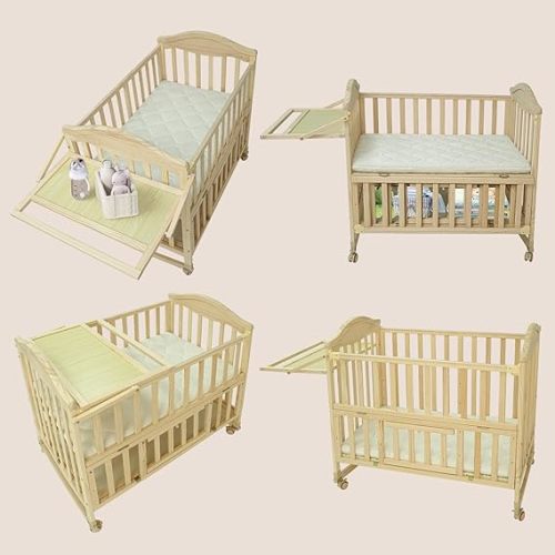 Portable Mini Baby Crib - Cunas para Bebes with Changing Shelf and Mattress Included,2025 Wheeled Wood Baby Bassinet,Bassinet Bedside Co Sleeper for Small Room,Unpainted