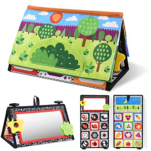 Dr.Rapeti Tummy Time Floor Mirror for Baby Infant Toddler Kids Black and White High Contrast Baby Toy with Crinkle Cloth Book Teethers Floor Activity Toy Washable Non-Toxic