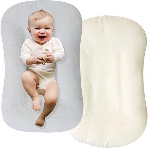 Muslin Baby Lounger Cover 2 Pack, Organic Cotton Removable Slipcover for Newborn,Baby Padded Lounger Infant Floor Seat Cover for Boys Girls