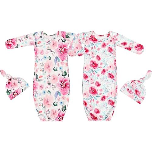 Newborn Baby Sleeper Gown with Hat Knotted Gown Nightgown Coming Home Outfits for Baby Girl 2 Pieces Set