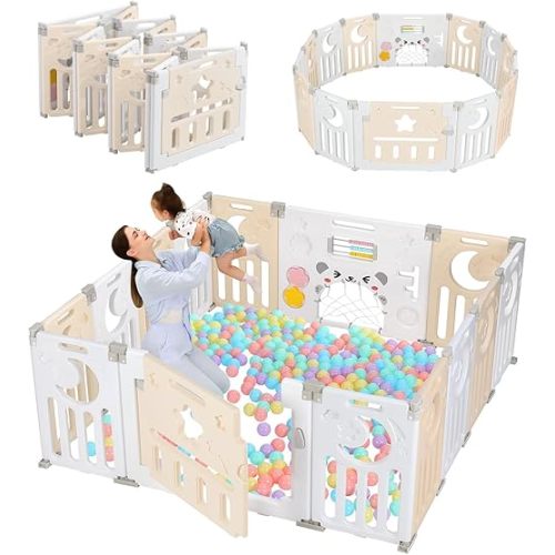 Dripex Baby Playpen, Foldable Playpen for Babies and Toddlers, Adjustable Shape Baby Fence, Safety Play Yard with Gate, Portable Play Area for Indoor or Outdoor (Cream Yellow+White,14 Panel)