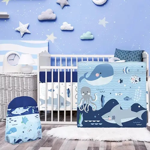 Rtteri 4 Pieces Baby Crib Bedding Set, Nursery Bedding Standard Size Soft Baby Bedding Set Including Crib Skirt, Blanket, Sheet and Diaper Stacker for Girls and Boys(Whale)