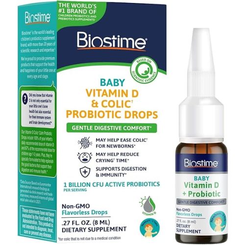 Biostime Baby Vitamin D & Colic Probiotic Drops for Newborns to 3 Years Old | 100% Daily Values Vitamin D for Bone & Immune Support – Eases Colic & Digestion| 32 Serving
