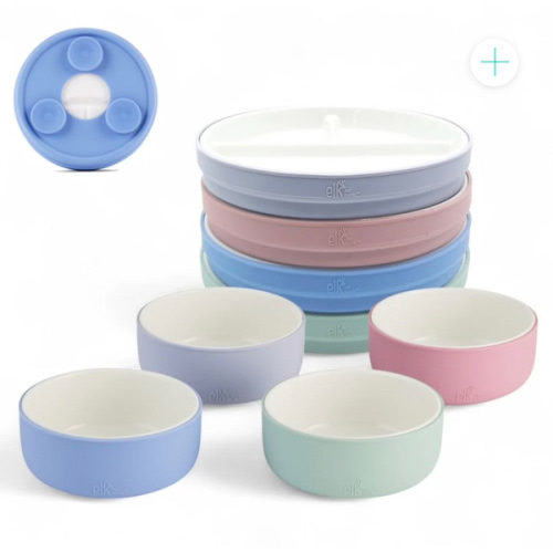 Kids Porcelain Mealtime Bundle | Suction Sleeves | 6.7" Plates + Bowls | 8 Pcs | Blush/Lilac/Sage/Misty Blue