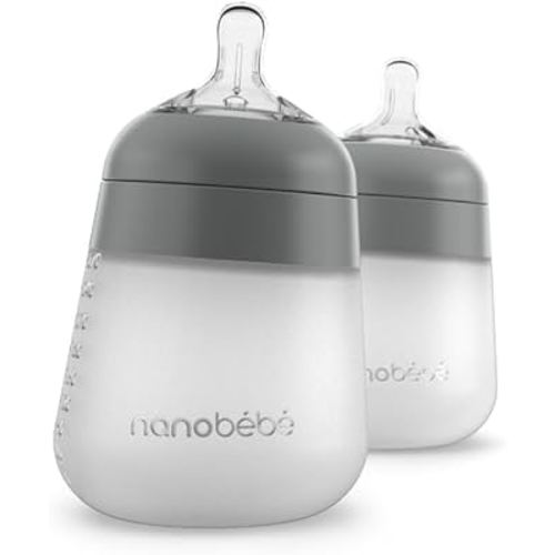 Nanobébé Flexy Silicone Baby Bottle, Anti-Colic, Natural Feel, Non-Collapsing Nipple, Non-Tip Stable Base, Easy to Clean 2-Pack, Grey, 9oz