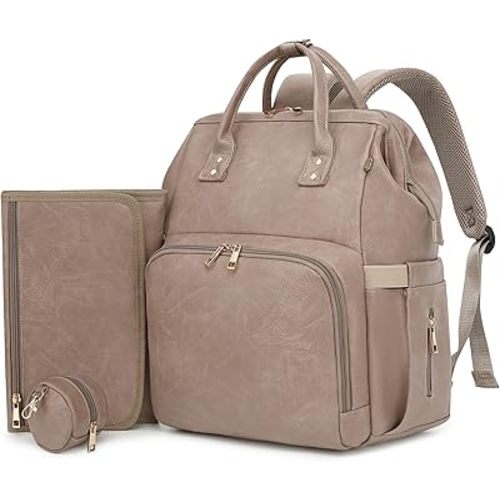 Faux Leather Diaper Bag Backpack with Changing Pad, Pacifier Case – Baby Bag for Girls Boys, 35L Large, Waterproof – Baby Shower Gifts for Mom Dad, Taupe