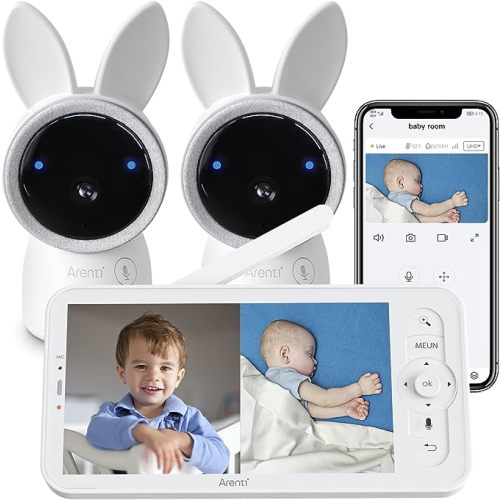 ARENTI Split-Screen Video Baby Monitor, Audio Monitor with Two 2K UHD WiFi Cameras,5" Color 720P Display,Night Vision,Cry Detection,Motion Detection,Temp&Humidity Sensor,Two Way Talk,App Control