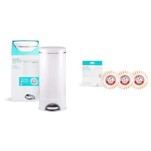 Munchkin® Step™ Diaper Pail Powered by Arm & Hammer, 1 in Odor Control, Award-Winning, Includes 1 Snap, Seal & Toss™ Bag, 1 Starter Refill Ring, and 4 Puck™ Baking Soda Cartridges - Diaper Pail + 3pk Puck