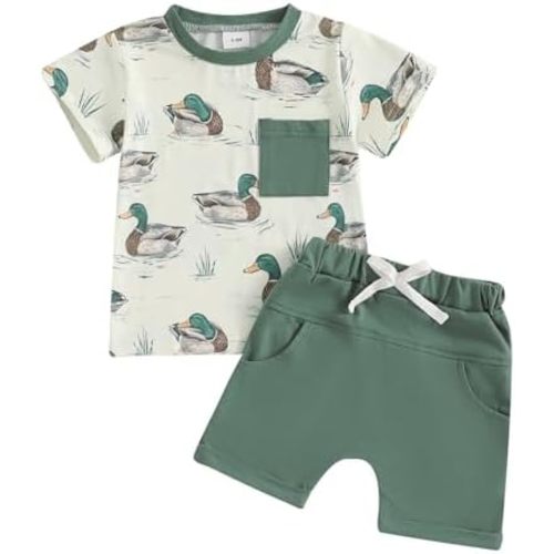 Kids Baby Boys Duck Hunter Clothes Mallard Duck Short Sleeve T-shirt Casual Shorts 2Pcs Toddler Hunting Baby Outfit