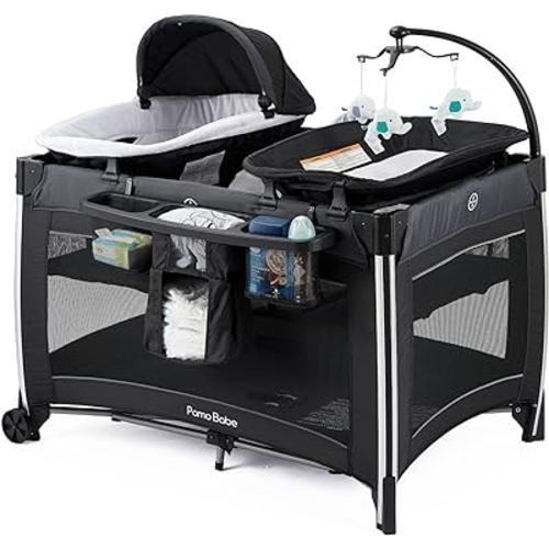 Pamo Babe 4 in 1 Portable Baby Crib Deluxe Nursery Center, Foldable Travel Playard with Bassinet, Mattress, Changing Table for Newborn, Infant, Toddler(Black)