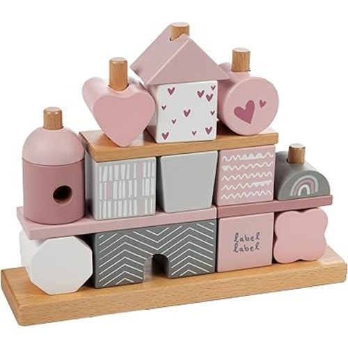 Stacking Blocks House - Pink - Natural Wooden & Colored Blocks, Creative Building, Range of Shapes & Sizes, Storage Rack, Toddlers 18Mo+