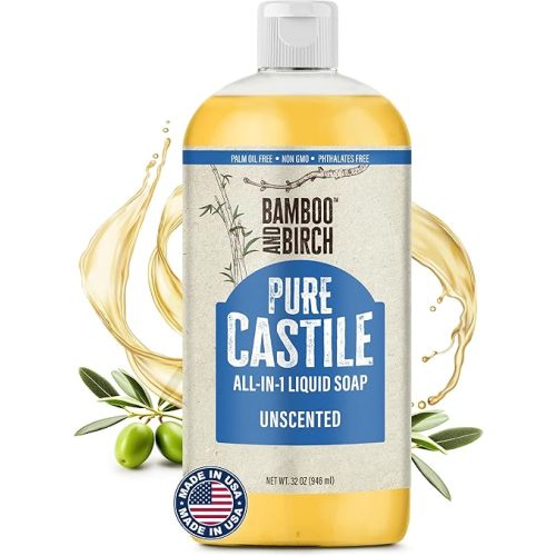 BAMBOO AND BIRCH Pure Castile Soap Liquid, Certified Palm Oil Free Natural Soap, Unscented, 32 oz