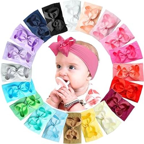 CÉLLOT 20 Colors Baby Girl Headbands with 4.5 Inches Hair Bows Nylon Turban Head Wraps Headbands for Newborn Infants and Toddlers