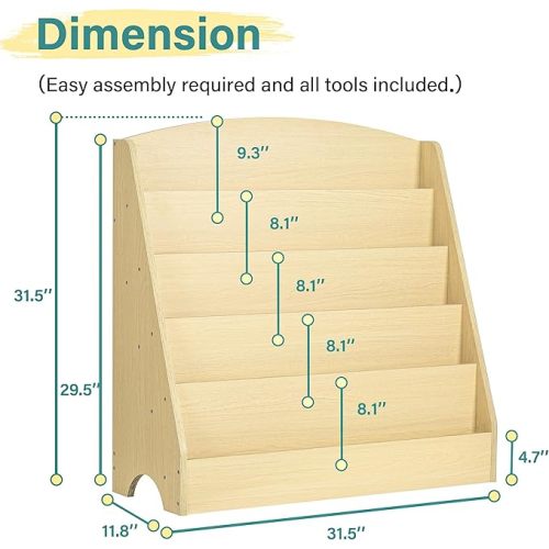 TOETOL 5-Tier Kids Bookshelf - Toddler Book Display Shelves for Classrooms, Playrooms, and Nursery - Wooden Children Book Rack (Natural)