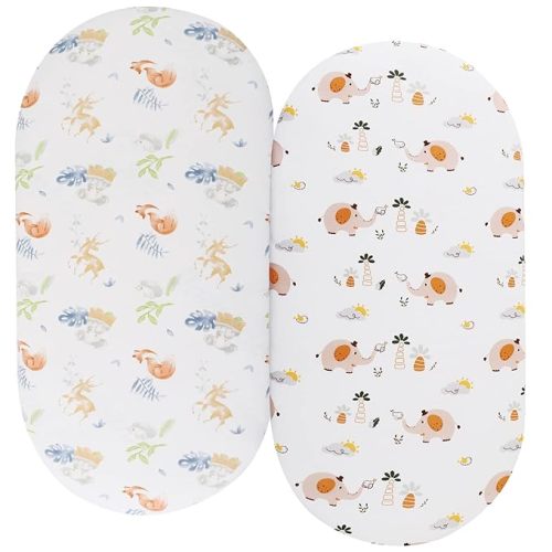Bassinet Sheets (33" x 19") Compatible with Mika Micky, Baby Delight, Dream On Me, Amke and Other Rectangle Mattress, 2 Pack Fitted Sheets, 100% Jersey Knit Cotton 190GSM, Fox Deer and Elephant