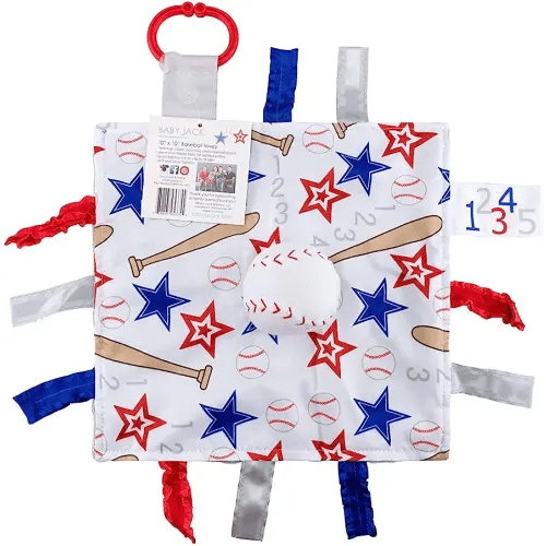 Baby Jack & Co. Sensory, Educational & Closed Ribbon Tag Lovey Blanket with Security Plush: 10"X10" (Baseball)