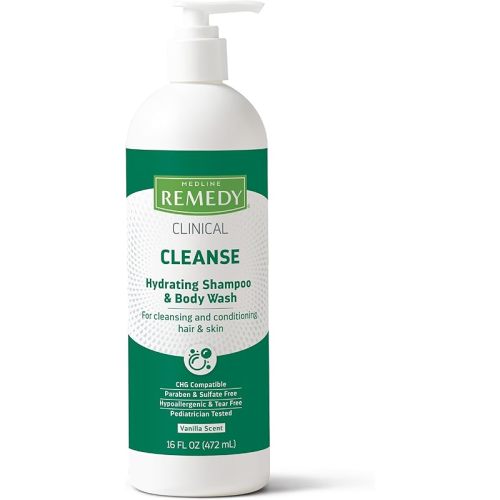 Medline Remedy Clinical Hydrating Shampoo & Body Wash (16 fl oz), Vanilla Scent, Cleanser, No-Rinse, Adults, Kids, Shower Or Bedside, Dimethicone, Sulfate Free