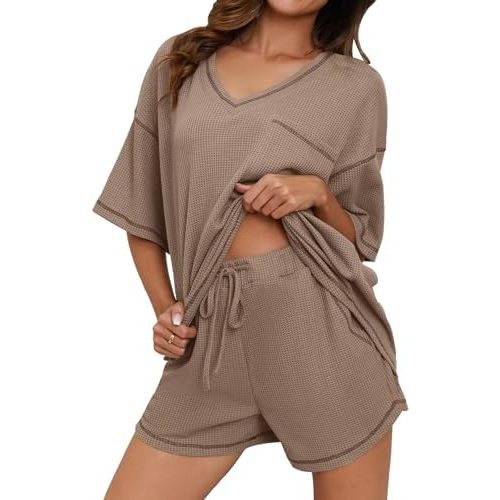 Womens Pajama Sets Waffle Knit 2 Piece Short Lounge Set Cute Sleep Loungewear Pjs Set Short Sleeve Top and Shorts