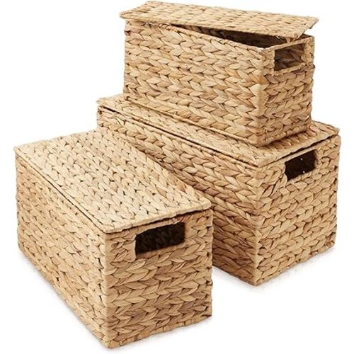 Casafield Set of 3 Water Hyacinth Storage Baskets with Lids, Natural - Small, Medium, Large Woven Nesting Bins for Bathroom, Bedroom, Closets, Shelves