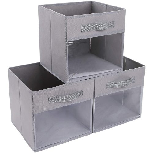 DIMJ Cube Storage Bins, 3 Pcs 11" Foldable Fabric Storage Bin Organizer with Clear Window for Bedroom Kids Room Wardrobe Closet Shelves, Home Storage Cubes Organizer with Handles, Dark Gray
