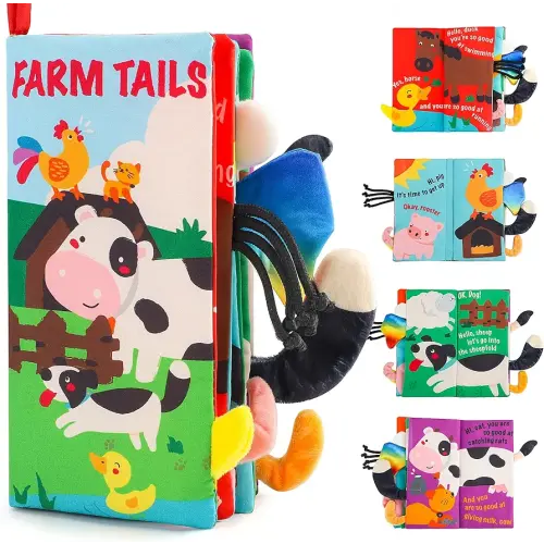 beiens Baby Books Toys, Touch and Feel Crinkle Cloth Books for Babies, Infants & Toddler, Early Development Interactive Car & Stroller Soft Toys for Boys & Girls (Farm Tails-1 Book)