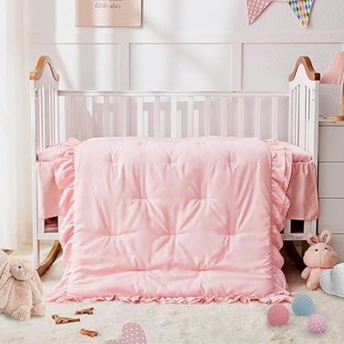 Wowelife Boho Crib Bedding Set for Girls, 3 Piece Tufted Jacquard Ruffle Fringe Baby Girl Crib Bedding Set Newborn, Infant & Nursery with Comforter, Crib Fitted Sheet and Crib Skirt, Pink