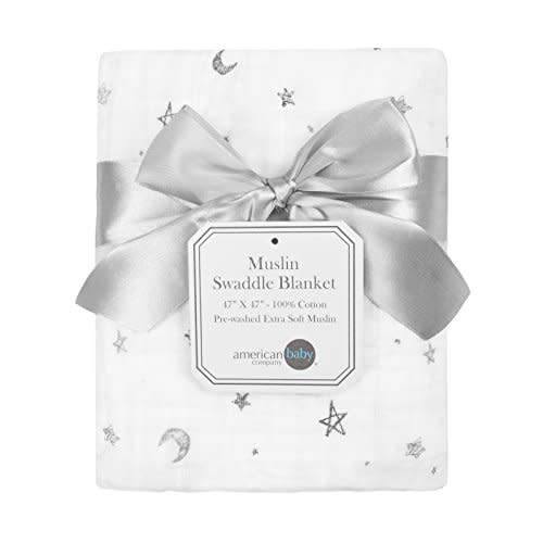 American Baby Company 100% Cotton Muslin Swaddle Blanket, Soft, Breathable & Lightweight, Gray Stars/Moon, 47" x 47" for Boys and Girls, Perfect for Swaddling, Travel and Gifting