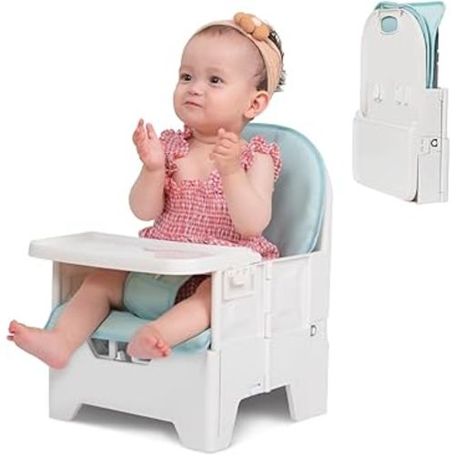 BABELIO Travel Booster Seat for Upright Posture, Compact Folding Floor Seat with PU Waterproof Cushion, Great for Baby, Dining Table, Camping, Beach, Mist Green